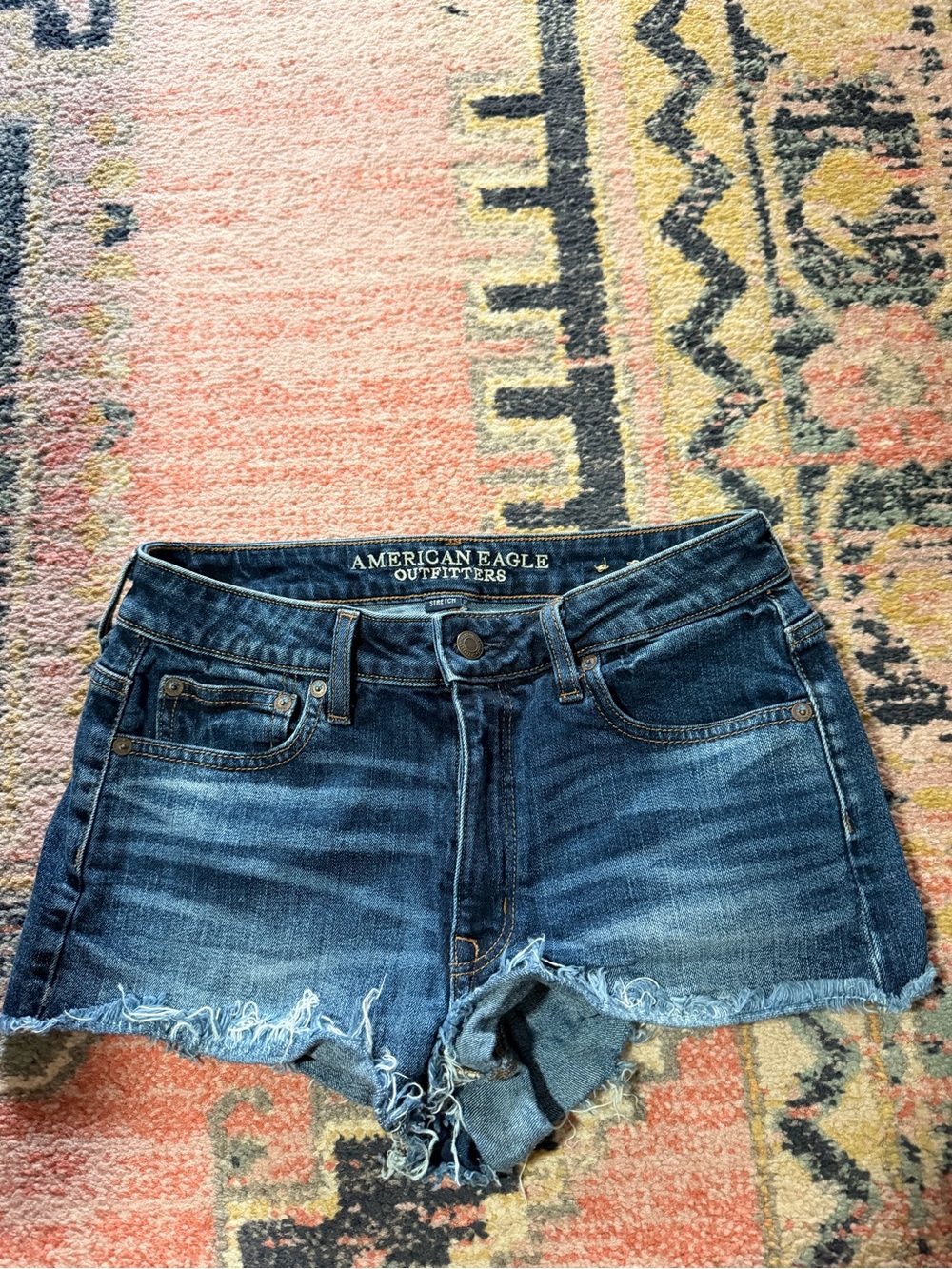 American Eagle Dark Blue Denim Frayed Hem Women's Shorts